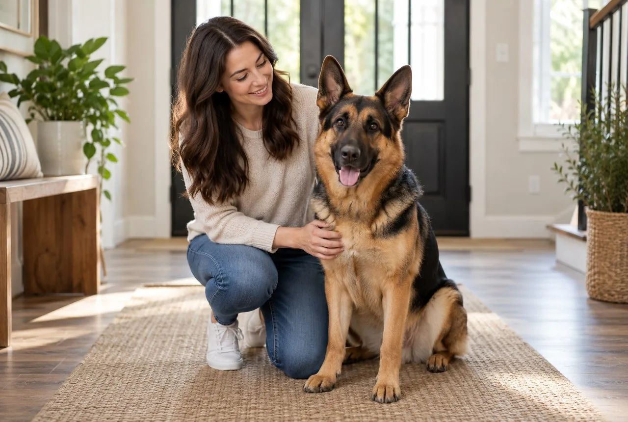 German-shepherd-like dog beside owner indoors