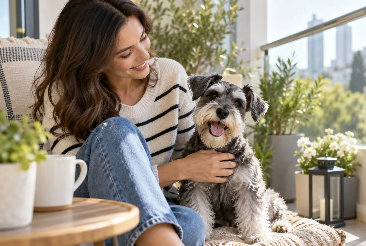 Schnauzer-like gray bearded dog sitting beside owner